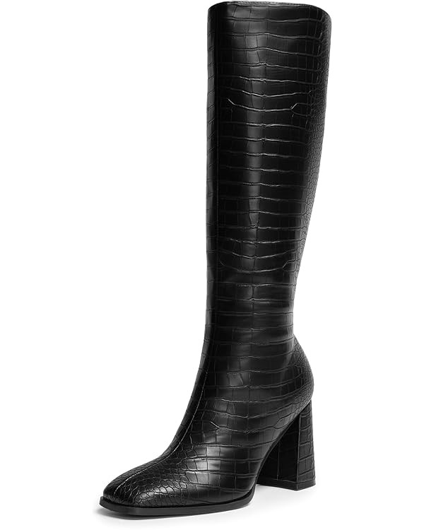 DREAM PAIRS Knee High Boots for Women Square Toe Gogo Chunky Heel with Side Zip | Amazon (US)
