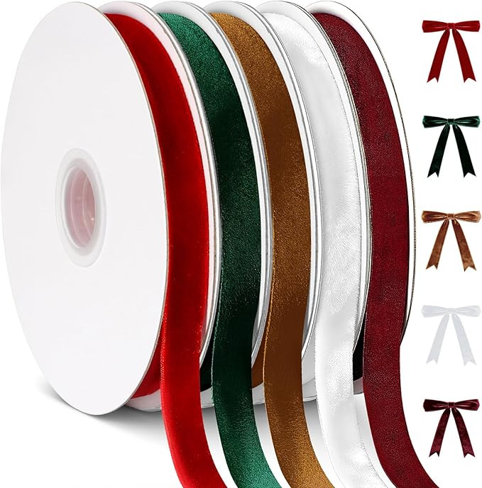 5 Rolls Velvet Ribbon Set, 3/8" x 50 Yard Premium Christmas Ribbon for Gift Wrapping for Christma... | Amazon (US)