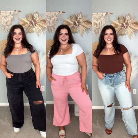 Curvy casual Spring outfit inspo ☀️ Square neck short sleeve seamless tshirts, curvy denim and sandals. Wearing a size XL in tops and matching pink set and 17 in jeans.  

#LTKfindsunder50 #LTKstyletip #LTKplussize