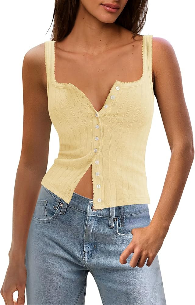 Panadila Womens Ribbed Square Neck Tank Top Summer Button Down Tanks Sleeveless Knit Tops Going O... | Amazon (US)