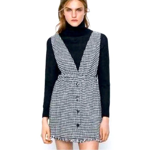 ZARA WOMENS PINAFORE TWEED MINI DRESS, SIZE MEDIUM, BLACK/WHITE | Poshmark
