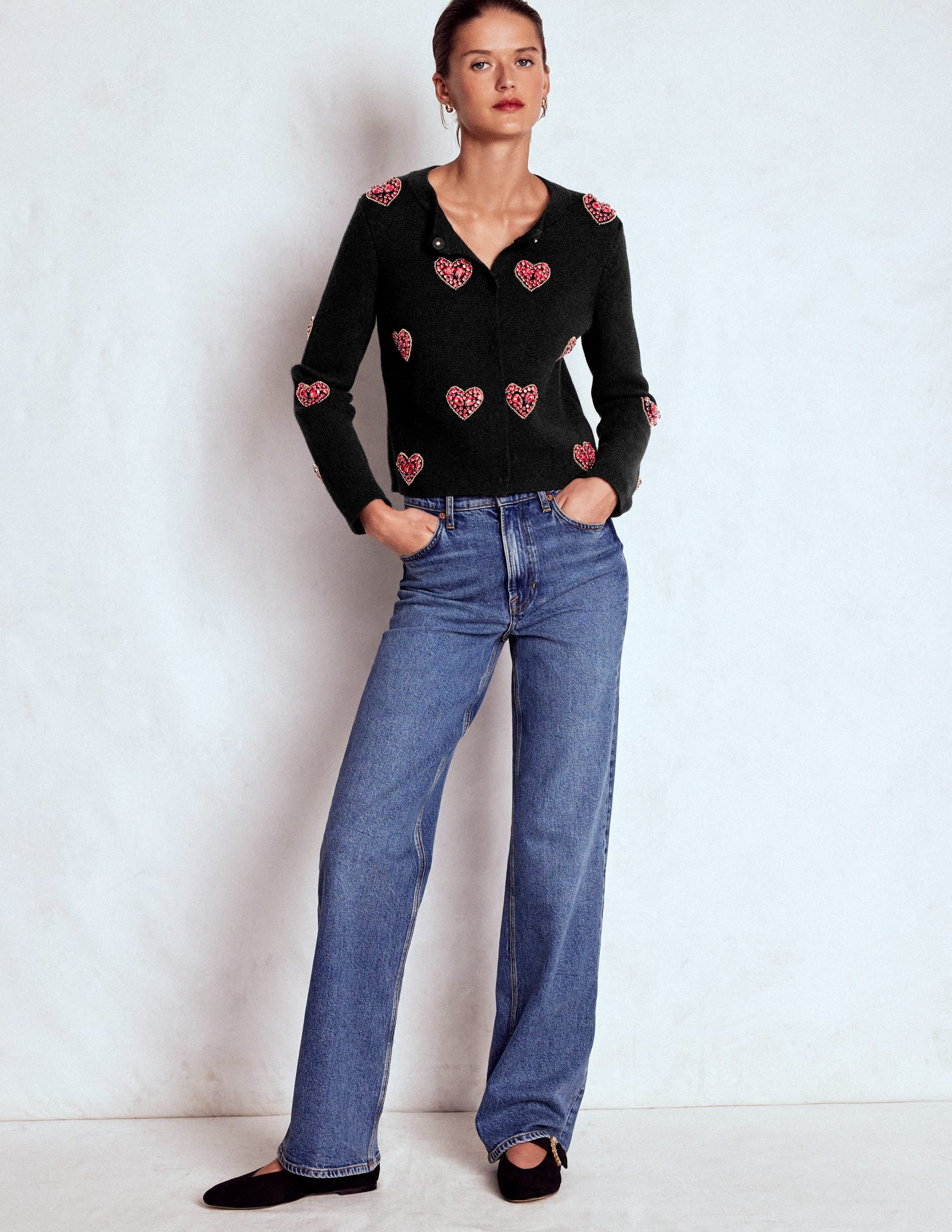 Jewelled Knitted Jacket-Black Hearts | Boden UK