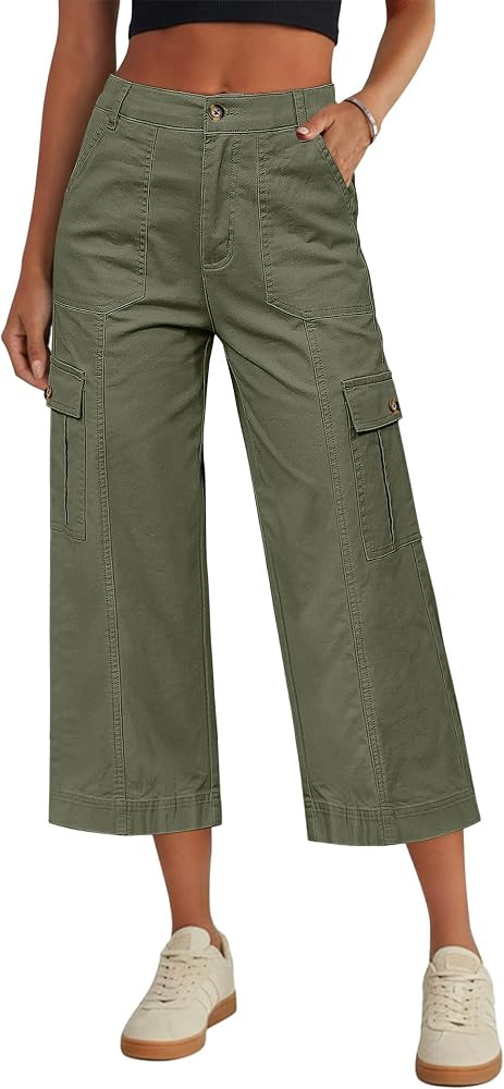 Eddoyee Cargo Capri Pants for Women High Waisted 6 Pockets Stretchy Straight Wide Leg Cropped Hik... | Amazon (US)