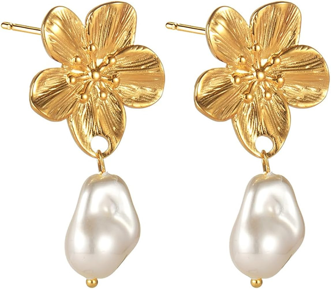 Kokoma Bohemian Flower Earrings for Women Mom Stainless Steel Baroque Pearls Dangle Drop Stud Ear... | Amazon (US)