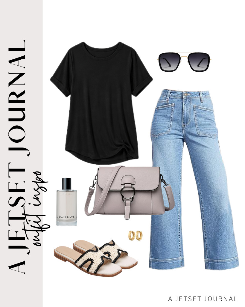 Our last outfit is a combination of ATHMILE's black oversized tee and cropped wide-leg jeans from Cicy Bell. Style it effortlessly with this trendy multi-pocket shoulder bag and Project Cloud knit sandals. Complete the look with SOJOS polarized sunglasses and this best-selling Salt & Stone Body Mist.

#LTKSeasonal #LTKSaleAlert #LTKTravel
 

 