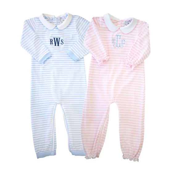 Girl Pink Stripe Knit Romper Boy Blue Stripe Knit Romper | Etsy | Etsy (US)