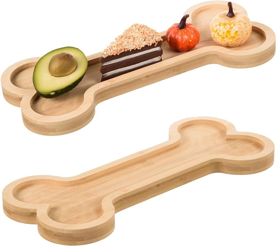 2 Pack Bone Shaped Bamboo Serving Tray with Grooves Wooden Dog Bone Snack Platters Bamboo Charcut... | Amazon (US)