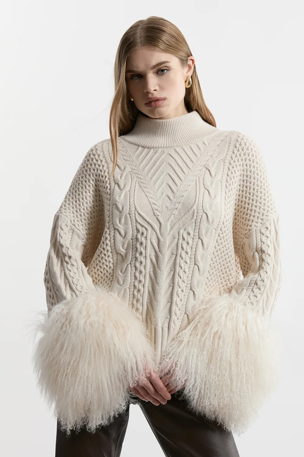 Cable Knit Viscose Blend Shearling Cuff Jumper | Karen Millen UK + IE + DE + NL