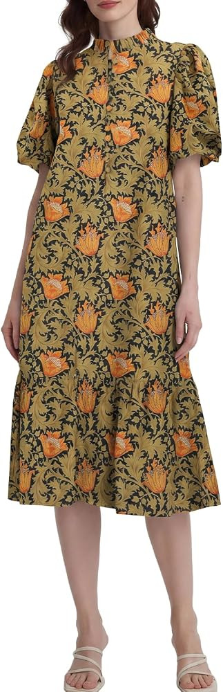 Summer Floral Midi Dress for Women Spring Puff Short Sleeve Button Down Flowy Boho Dresses | Amazon (US)