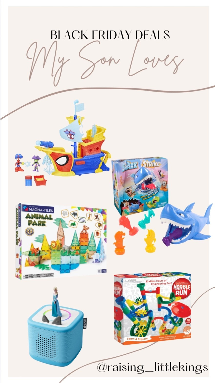 If you are shopping for a 4-6 year old boy, you can’t go wrong with these gifts!! My son is 4, and he is obsessed with the Marble Runs and Magnetiles! And of course all things Spidey!

I have several games on his list including this Shark game, and since he loves music I thought we might get home a Tonie for Christmas! Run while these are on sale!!!

#LTKGiftGuide #LTKHoliday #LTKCyberWeek
