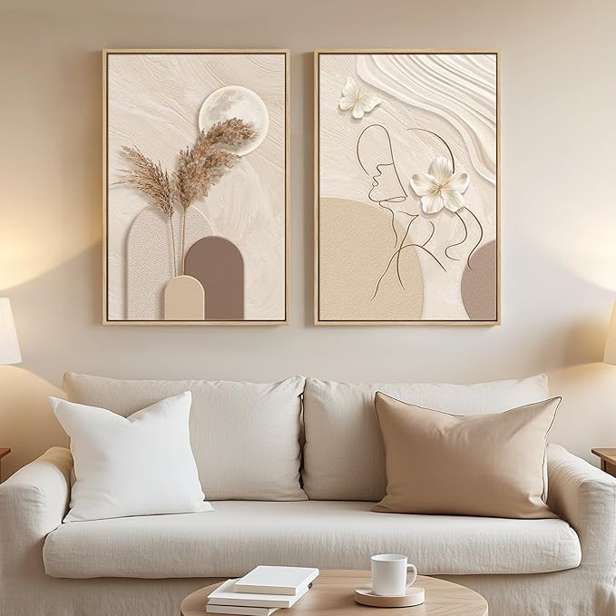 Amazon.com: Framed Neutral Abstract Wall Art for Living Room, Set of 2 Modern Beige and Taupe Can... | Amazon (US)