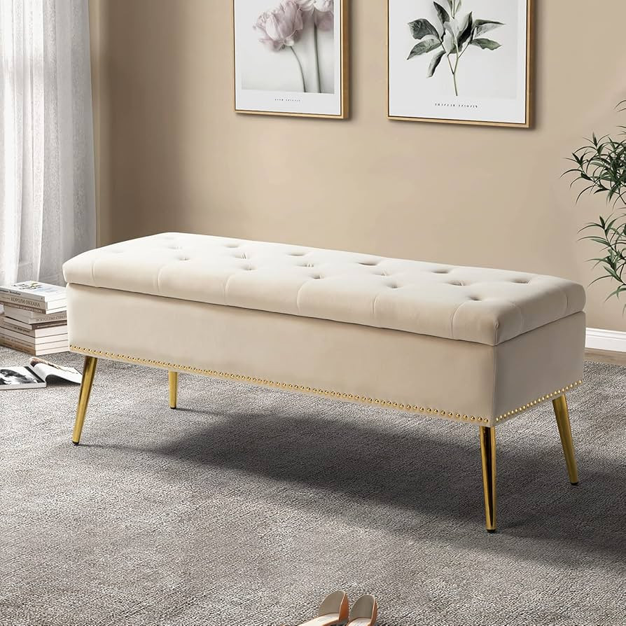 HULALA HOME Modern Velvet Storage Ottoman Bench with Gold Base & Nailhead Trim, Upholstered Bedro... | Amazon (US)
