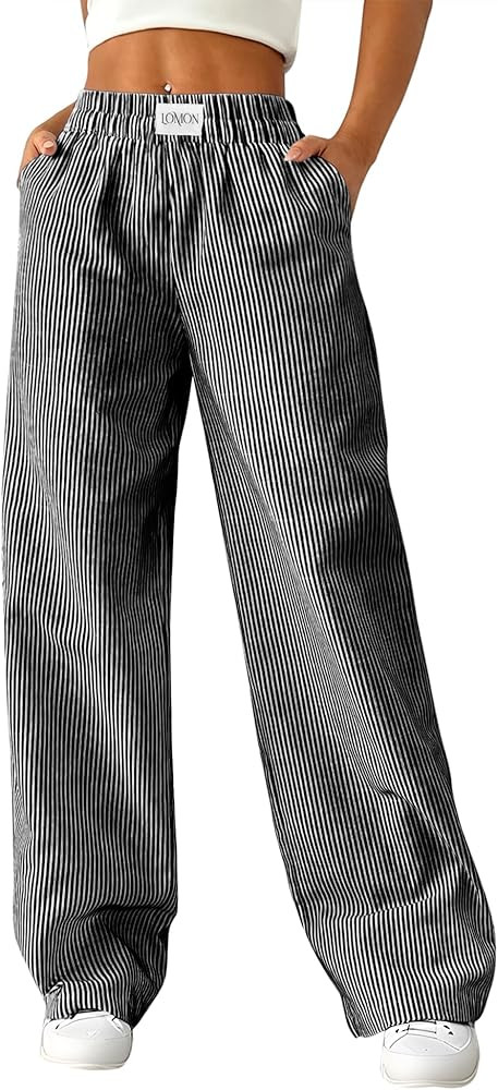 LOMON Women's Striped Gingham Boxer Pants Cotton Pajama Lounge Pj Casual Plaid Trousers Y2K Beach... | Amazon (US)