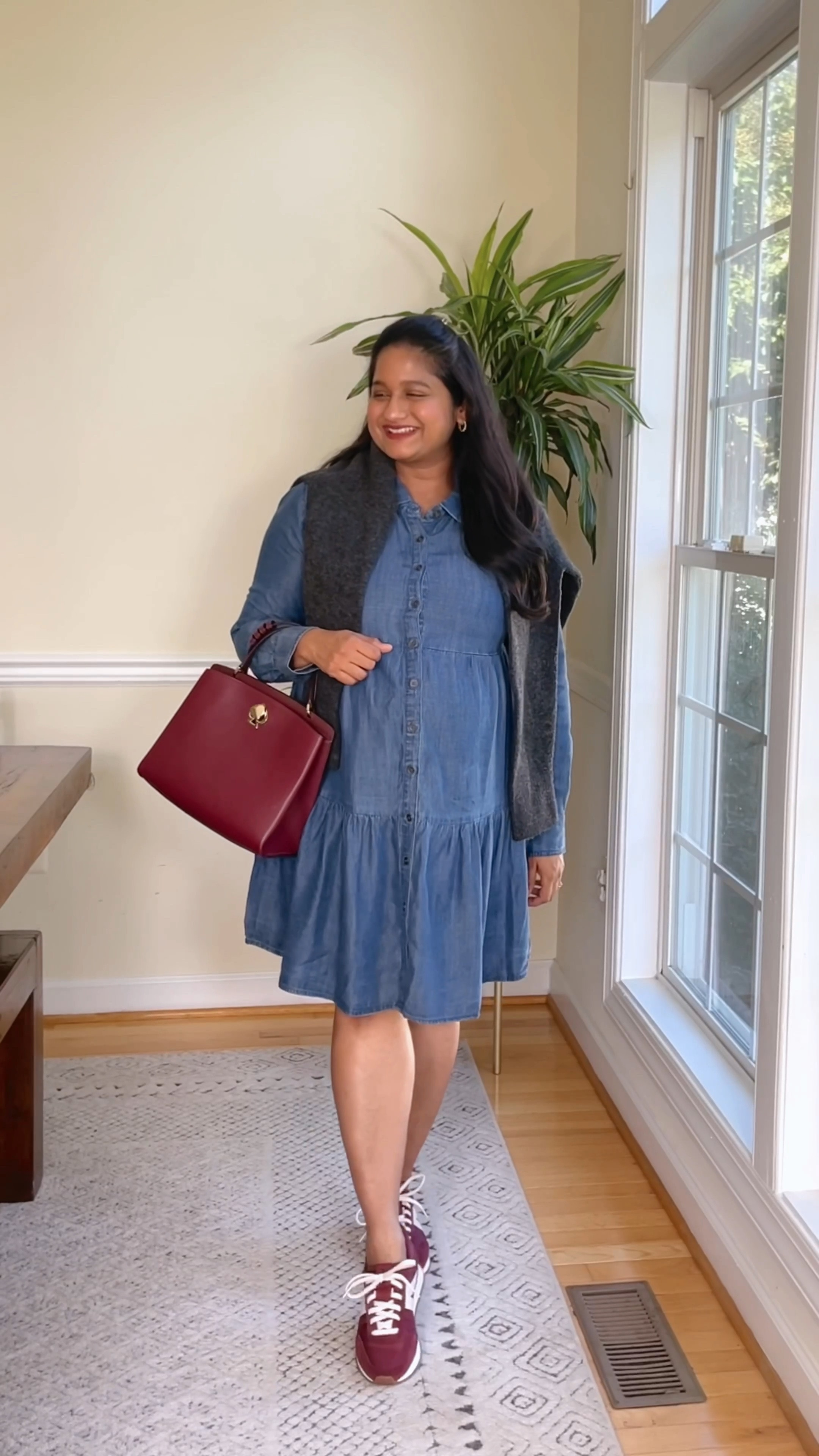 Chambray dress in 2 ways, fall color outfit ideas 

@targetstyle Chambray dress in size M 
@Kizik Milano sneakers, been loving these sneakers for walking during pregnancy 
@uniqlo sweater 
@boden teddy coat 
@dolcevita leather boots 

#LTKBump #LTKVideo #LTKHoliday