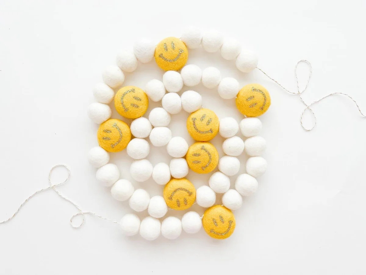 Yellow Smiley Face Felt Ball Garland, | Pearl & Jane