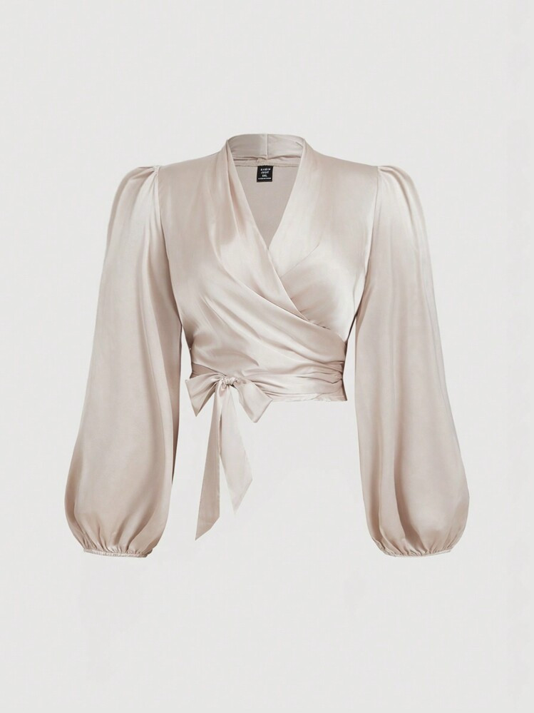 SHEIN MOD Plus Size Women's Apricot Wrap Tie Bow Lantern Sleeve Blouse | SHEIN