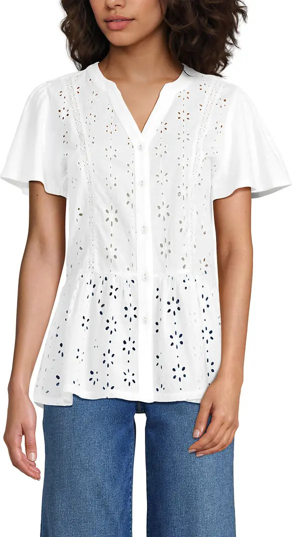 Lands' End Short Sleeve Mixed Media Eyelet Top | Nordstrom | Nordstrom