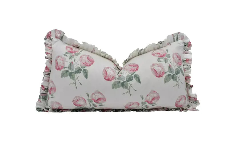 Colefax & Fowler \u2013 Bowood - Pink Leaf Chintz \u2013 Ruffled Chintz Floral Cushion Cover - Cl... | Etsy (Global)