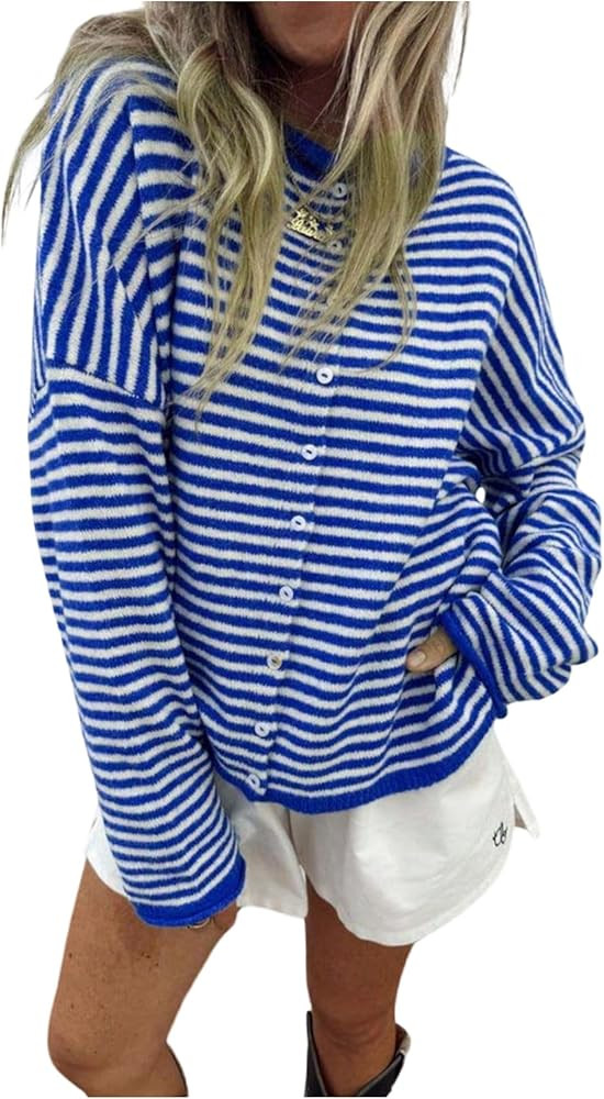 Milumia Women's Striped Button Down Cardigan Sweater Long Sleeve Crewneck Loose Knit Tops | Amazon (US)