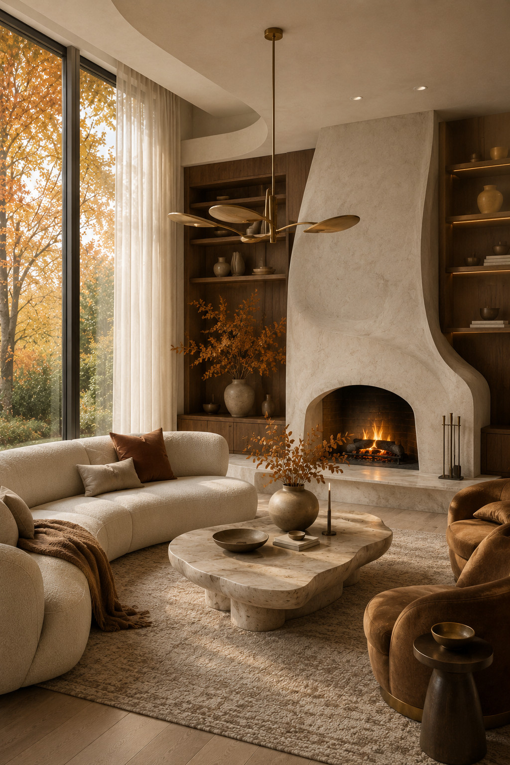 A luxe fall living room with the dreamiest warm, elevated feel 🤎 The sculptural fireplace, curved cream seating, rich walnut built-ins, caramel accents, and soft autumn branches make this space feel cozy yet incredibly high-end. I love how the natural stone, layered textures, and golden fall light bring warmth without making the room feel too seasonal. Such beautiful inspiration for a sophisticated fall home refresh.

#FallLivingRoom #LuxuryLivingRoom #FallHomeDecor #WarmModernInterior #LivingRoomInspo #LuxuryInteriors #NeutralDecor #ModernHome #AutumnDecor #CozyLivingRoom #WarmMinimalism #DesignerLivingRoom #StoneFireplace #WalnutDecor #HighEndInteriors #FallDecorIdeas #ElegantHome #InteriorInspiration #PinterestHome #ModernInterior 

 #LTKSeasonal #LTKHome #LTKSaleAlert