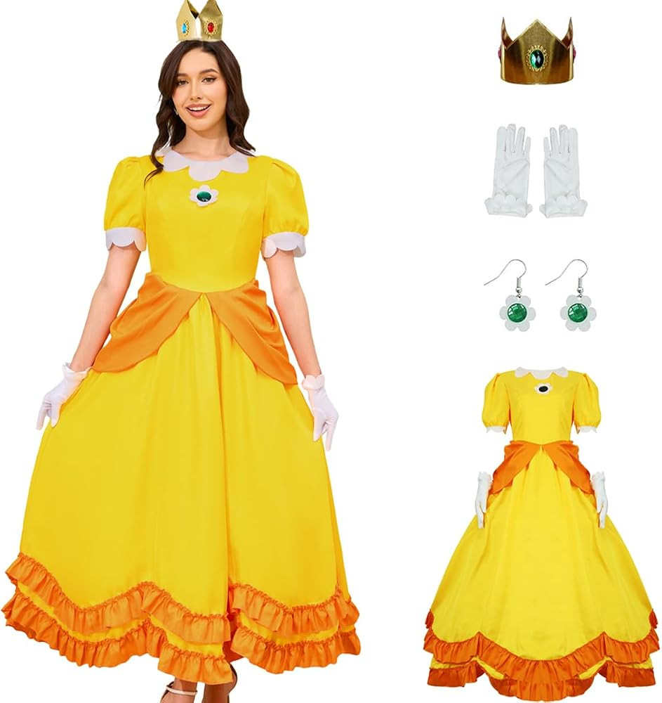 PAINEOMN Vestido de princesa para mujer, disfraz de princesa de Halloween, cosplay, corona, arete... | Amazon (US)