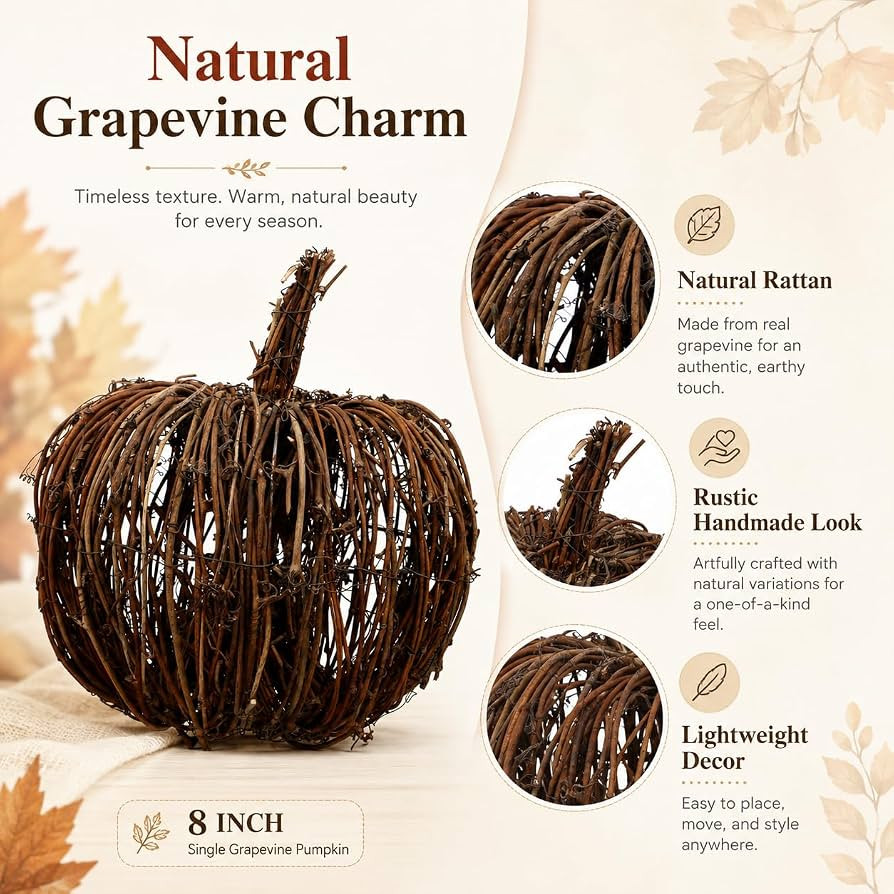 IMIKEYA Rattan Wicker Pumpkin Autumn Decoration Halloween, 8 Inch | Amazon (US)