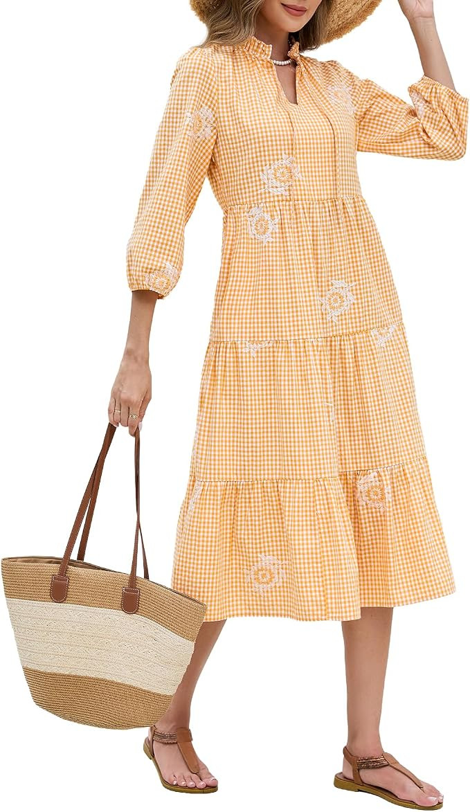 Kedera Women's Plaid Midi Casual Dress 3/4 Long Sleeve Embroidered Flowy Tiered Ruffle Hem Gingha... | Amazon (US)