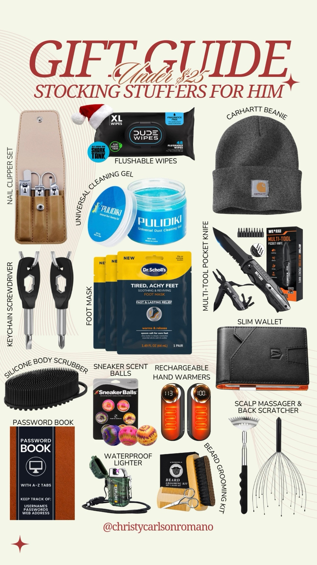 I got you with these under $25 stocking stuffers for him! A Carhartt beanie, flushable wipes, rechargeable hand warmers, a slim wallet, sneaker scent balls, a beard grooming kit, a nail clipper set, and more!
#mensgiftguide #holidayshopping #affordablegifting #amazonfinds

#LTKMens #LTKGiftGuide #LTKFindsUnder50
