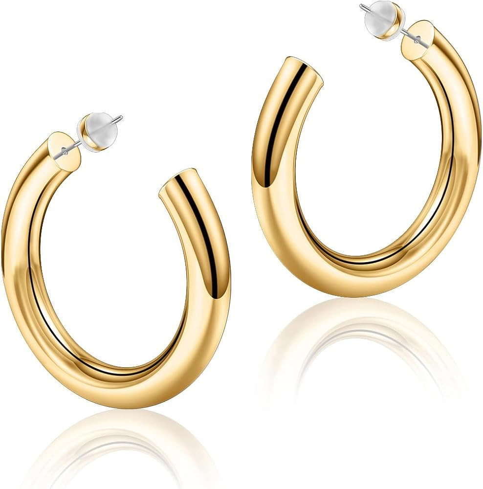 Hoop Earrings for Women - 14K Gold Plated Lightweight Chunky Open Hoops 316L Surgical Stainless S... | Amazon (US)