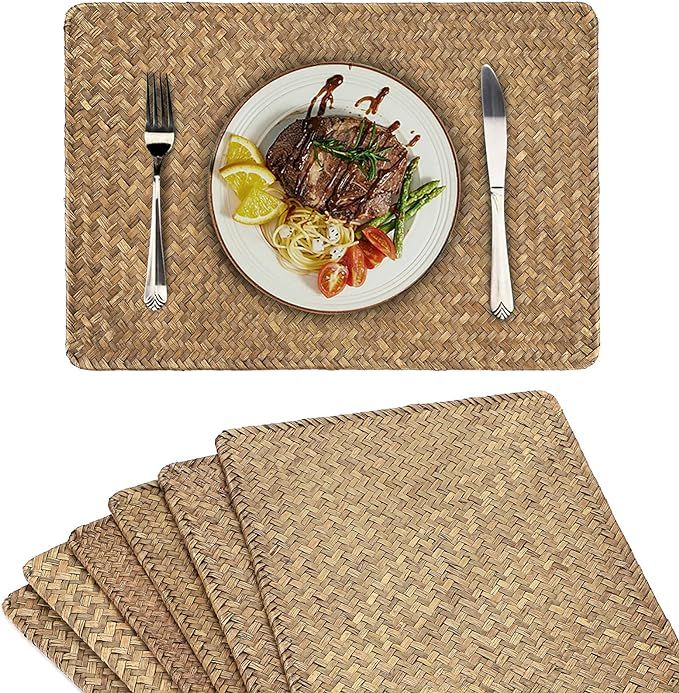 OwnMy Pack of 6 Natural Seagrass Placemats Woven Rattan Place Mat Rectangular Table Mats, 17" x 1... | Amazon (US)