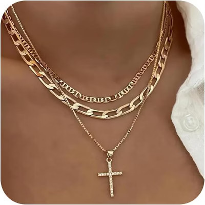 Summit Adventure Gold Layered Cross Necklace Set, Stackable Paperclip Box Chain with CZ Pendant | Target