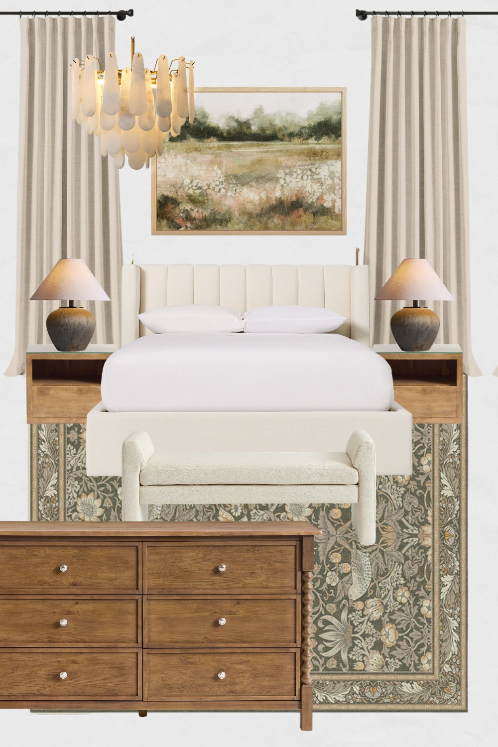 French Country Bedroom Moodboard, Floral Bedroom Design ideas, Walnut wood and Sage Green Bedroom design ideas, Eclectic Bedroom Decor, Modern Transitional Bedroom decor, Bedroom Dresser

#bedroomdesign #bedroomdecor #eclecticbedroom #frenchcountrybedroom #dresser #tablelamps #instahome #cozyhome #floralbedroom 

 #LTKHome #LTKSaleAlert