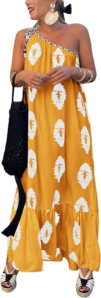 PRETTYGARDEN Womens One Shoulder Spaghetti Strap Printed A Line Flowy Boho Maxi Long Sundress | Amazon (US)