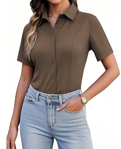 siliteelon Women's Button Down Shirts Short Sleeve Slim fit Stretch Dress Shirts Wrinkle-Free Solid Work Blouse M Coffee | Amazon (US)