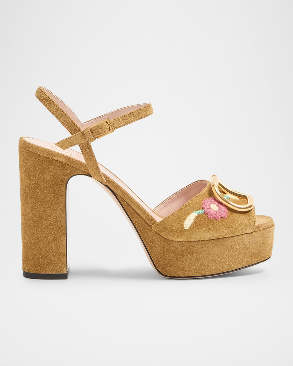 Floral Embroidered VLogo Suede Platform Sandals | Neiman Marcus