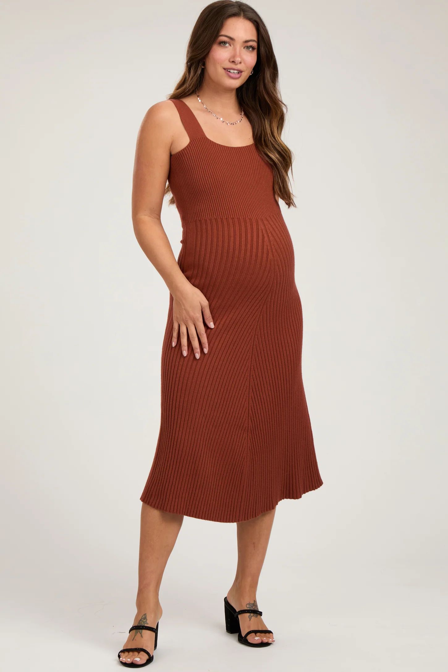 Rust Sweater Knit A-Line Maternity Midi Dress | PinkBlush Maternity