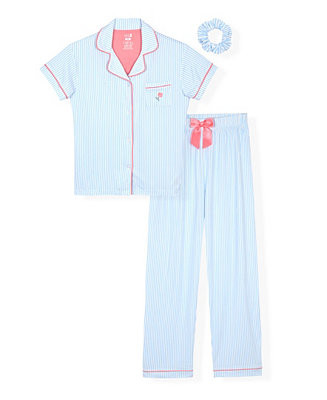 Girls' 6-16 Striped Top, Long Leg Pants & Scrunchie, 3-Piece Pajama Set | Macy's
