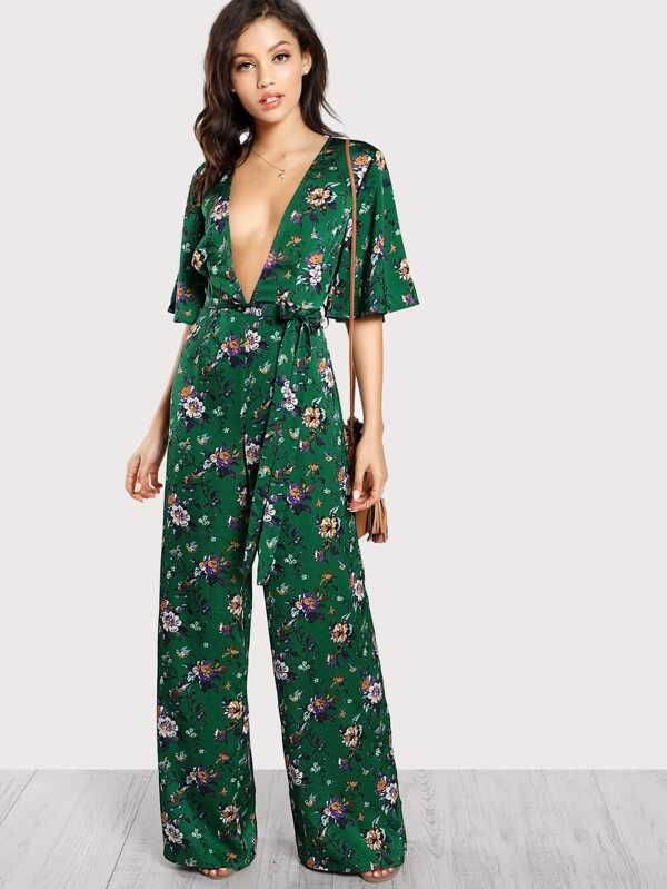 Plunge Neck Self Belted Palazzo Jumpsuit | SHEIN