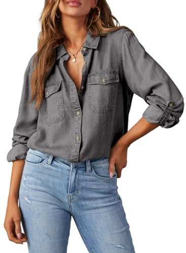 Astylish Womens Denim Button Up Shirts Blouse V Neck Lightweight Long Sleeve Soft Jean Shirts Gray Medium | Amazon (US)