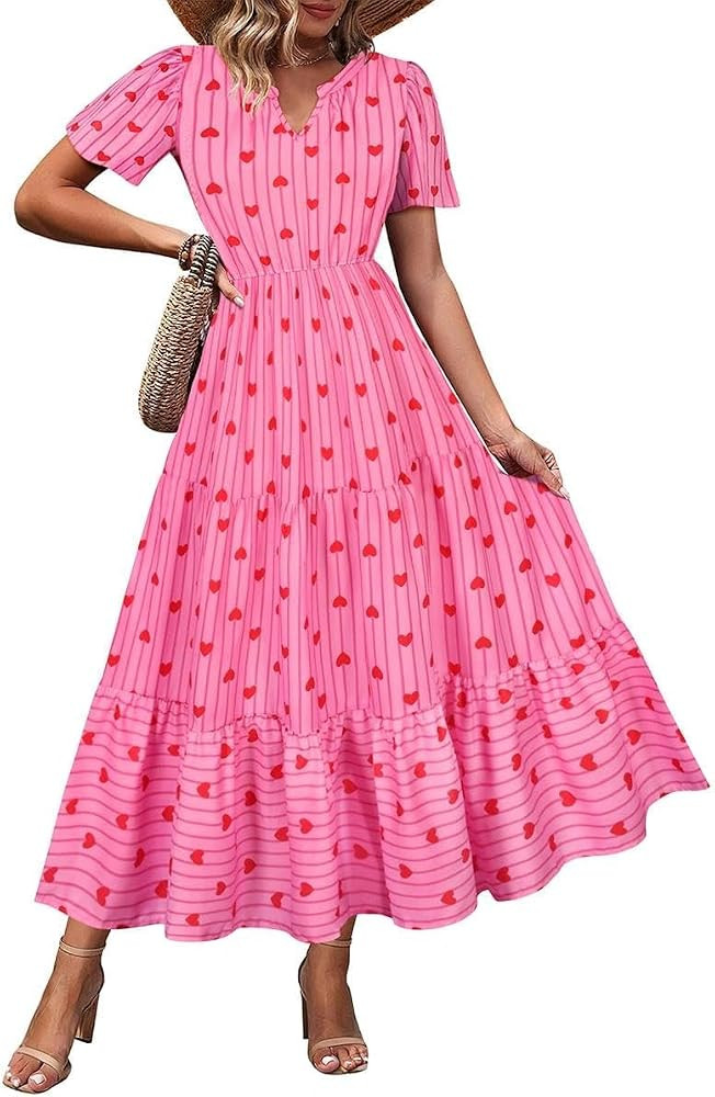 TIYOMI Women Plus Size Dress Boho V Neck Short Sleeve Beach Maxi Dresses Floral/Stripe/Leaves/Lem... | Amazon (US)