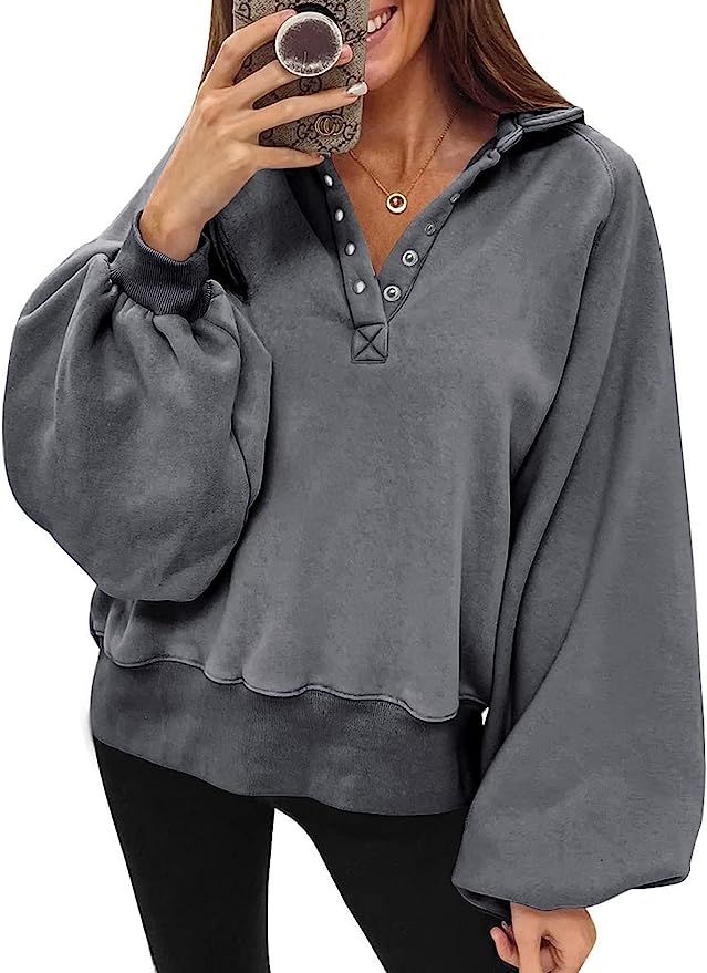 Dokotoo Womens 2022 Fashion Oversized Loose Lantern Sleeve Button Collar Pullover Sweatshirts Top... | Amazon (US)