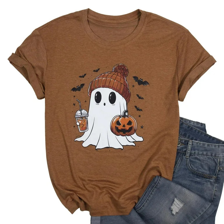 KimSoong Women Halloween T-Shirt Cute Ghost Fall Pumpkin Graphic Shirt Coffee Lover Tees Short Sl... | Walmart (US)