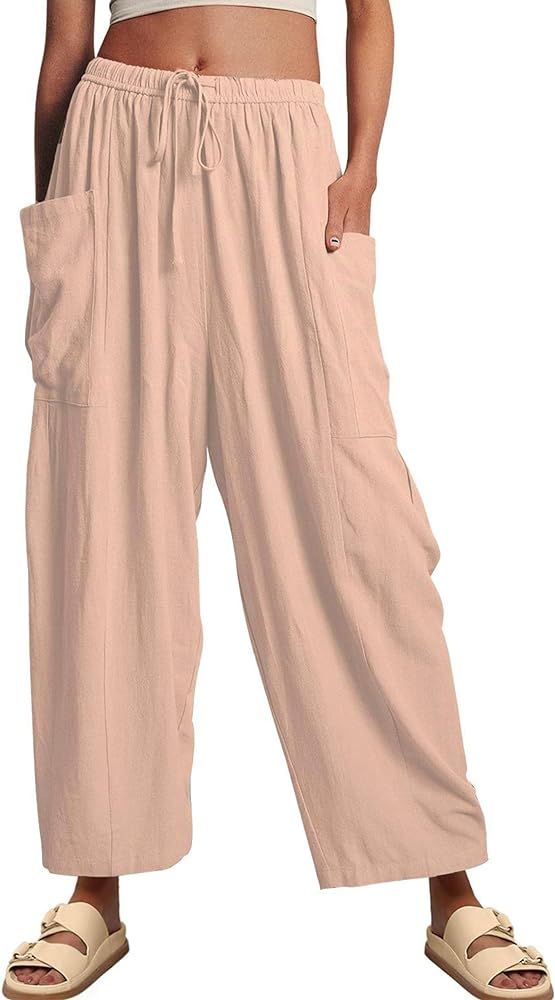 Womens Wide Leg Elastic Waist Beach Pants Summer Casual Baggy Palazzo Harem Pants Trousers with P... | Amazon (US)