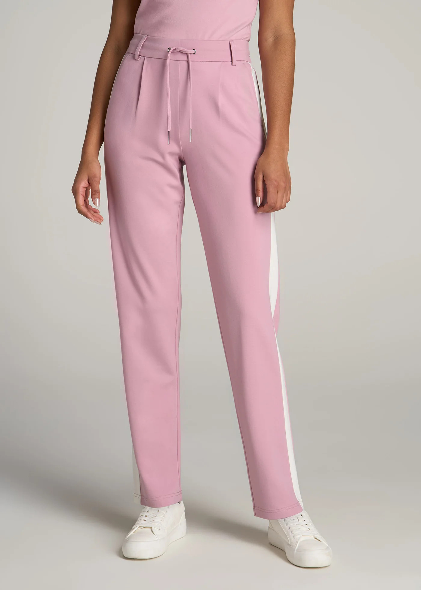 Pull On Tuxedo Stripe Pants for Tall Women in Pink Peony and White Alyssum | American Tall