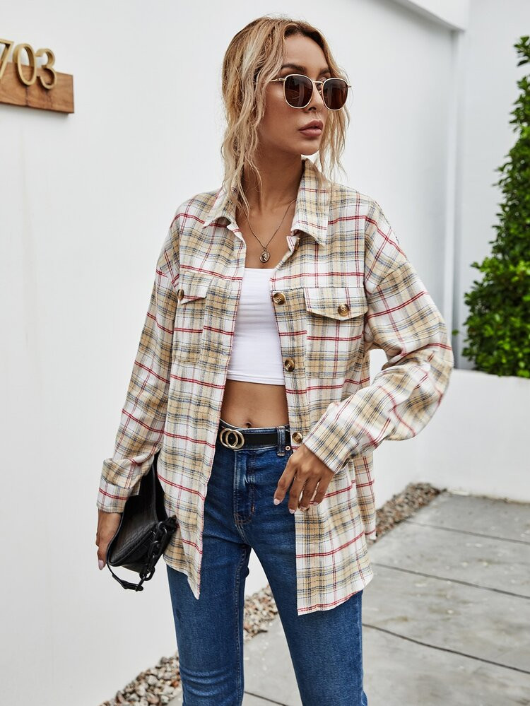 Flap Pocket Curved Hem Tartan Flannel Shirt | SHEIN