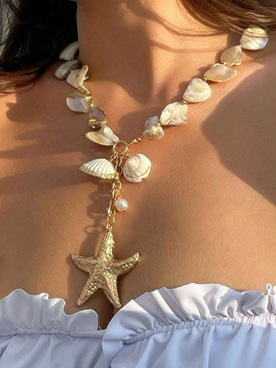 Bohemian Style Vintage Ocean Element Luxury Beaded Necklace And Bracelet Set, Metal Starfish Pend... | SHEIN
