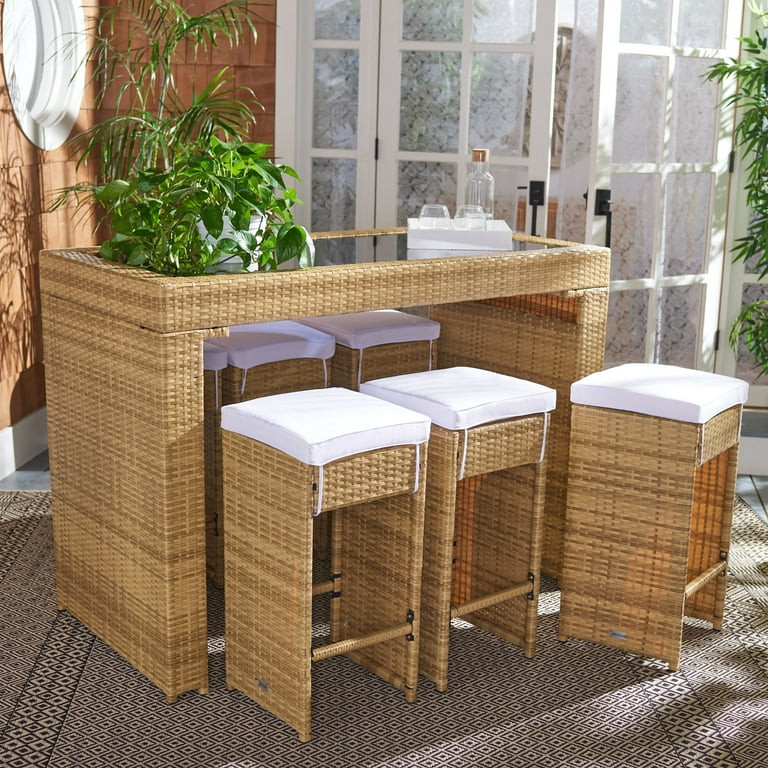 SAFAVIEH Horus Outdoor Patio 7 Piece Bar Dining Set, Natural/White | Walmart (US)