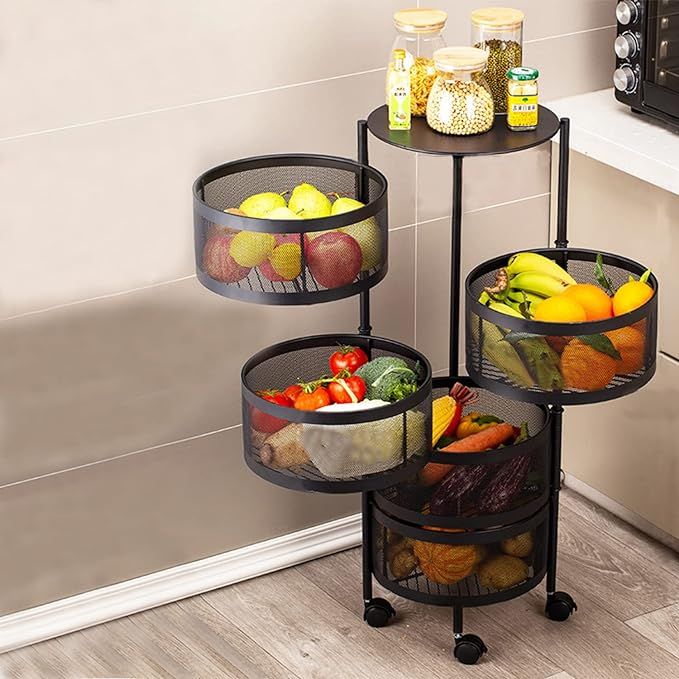 Fruit Vegetable Basket Rotating Rack with Wheels,Household Storage Shelf for Kitchen Living Fruit... | Amazon (US)