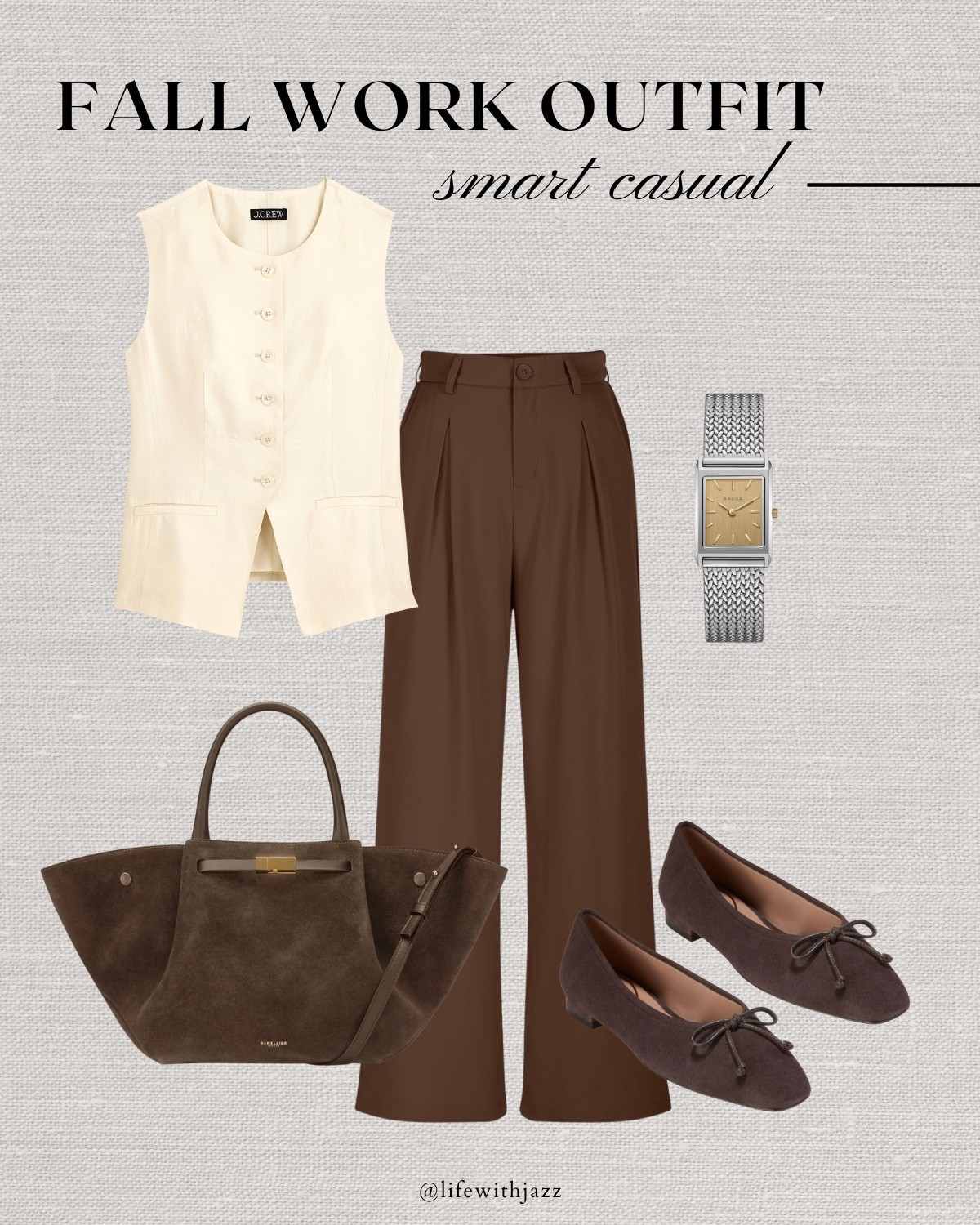 Fall work capsule outfit 

Fall capsule / office outfit / smart casual style/ satin vest / chocolate brown tailored pants / suede ballet flats / suede Demellier tote bag / Breda watch 

#LTKWorkwear #LTKStyleTip