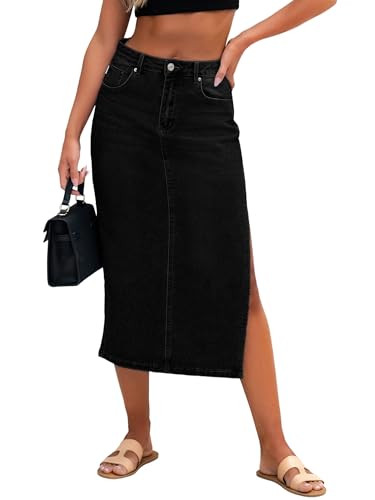 Genleck Long Black Denim Midi Skirt High Waist Fashion Long Jean Skirts with Side Slit 2025 (Black, 8) | Amazon (US)